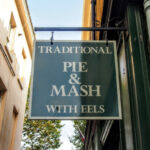 Pie, Mash, Liquor and Eels. London Food! Traditional London Food Pie Mash Liquor Hot Eels to buy in London