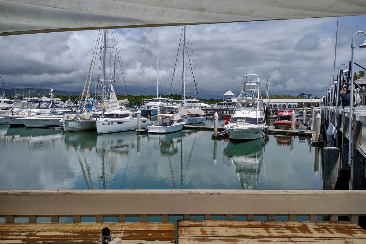 Water-side dining and water views from some tables at Choo Choo's restaurant Port Douglas Marina