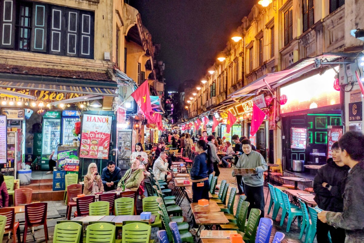 Beer Street Hanoi by night. I'd avoid this area and hotels on these streets, it must get really noisy and you can barely move for tables.