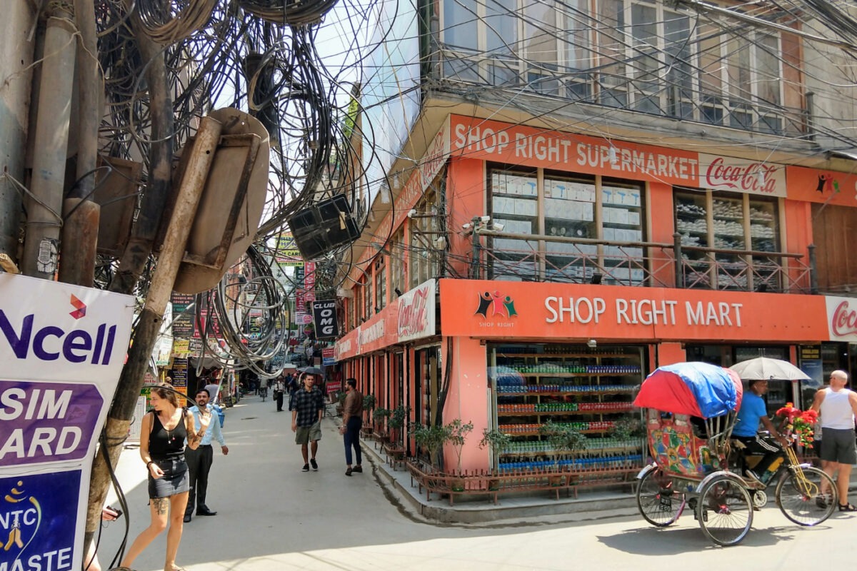 Supermarket on a street corner in Thamel Kathmandu. The shop name  "Shop Right Supermarket."