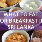 Sri Lankan breakfast with text. Sri Lankan breakfast table with food.