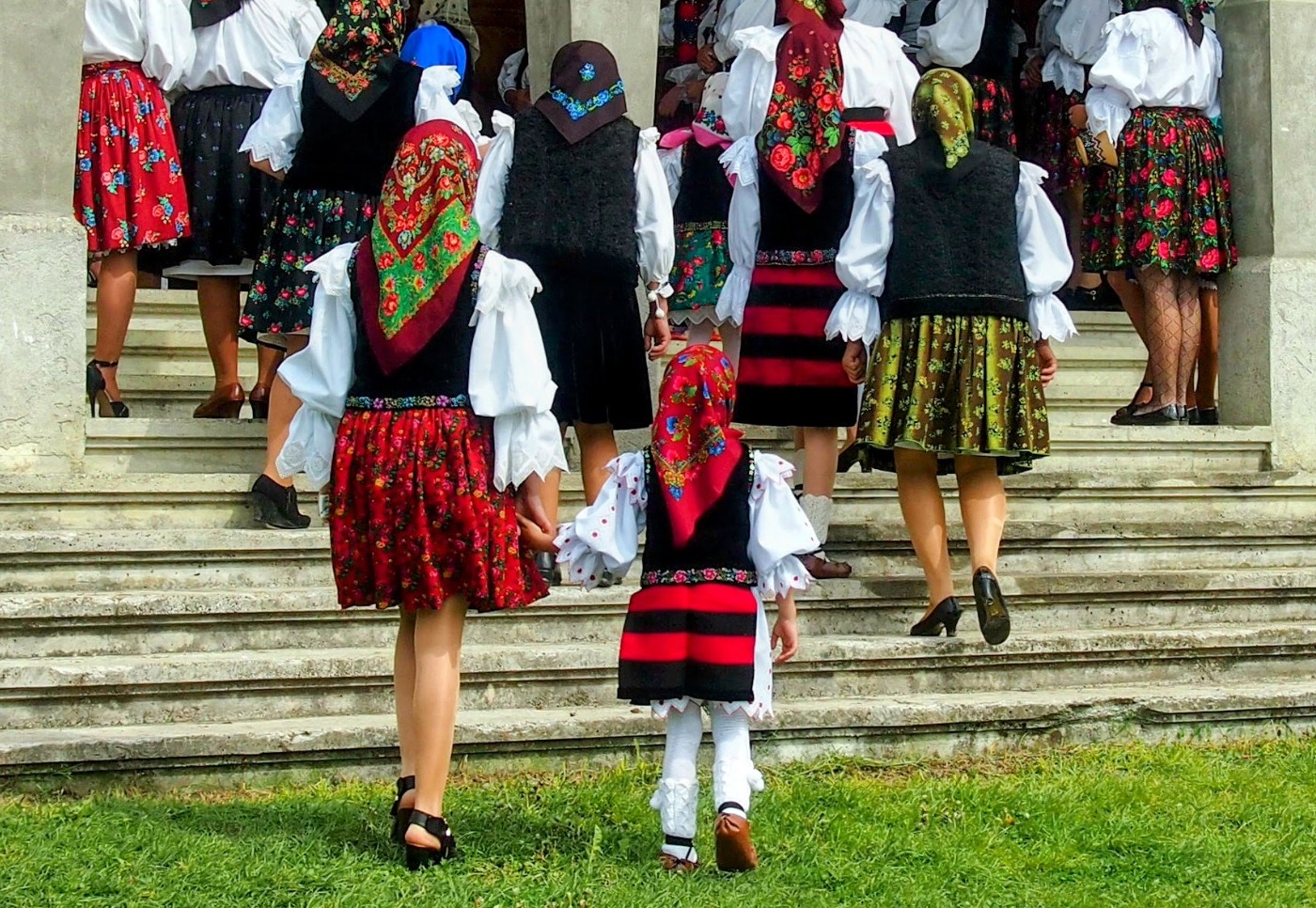 Breb Romania, traditional dress for women and children at the village church