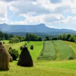 Breb Romania, view of fields haystacks and the mountain